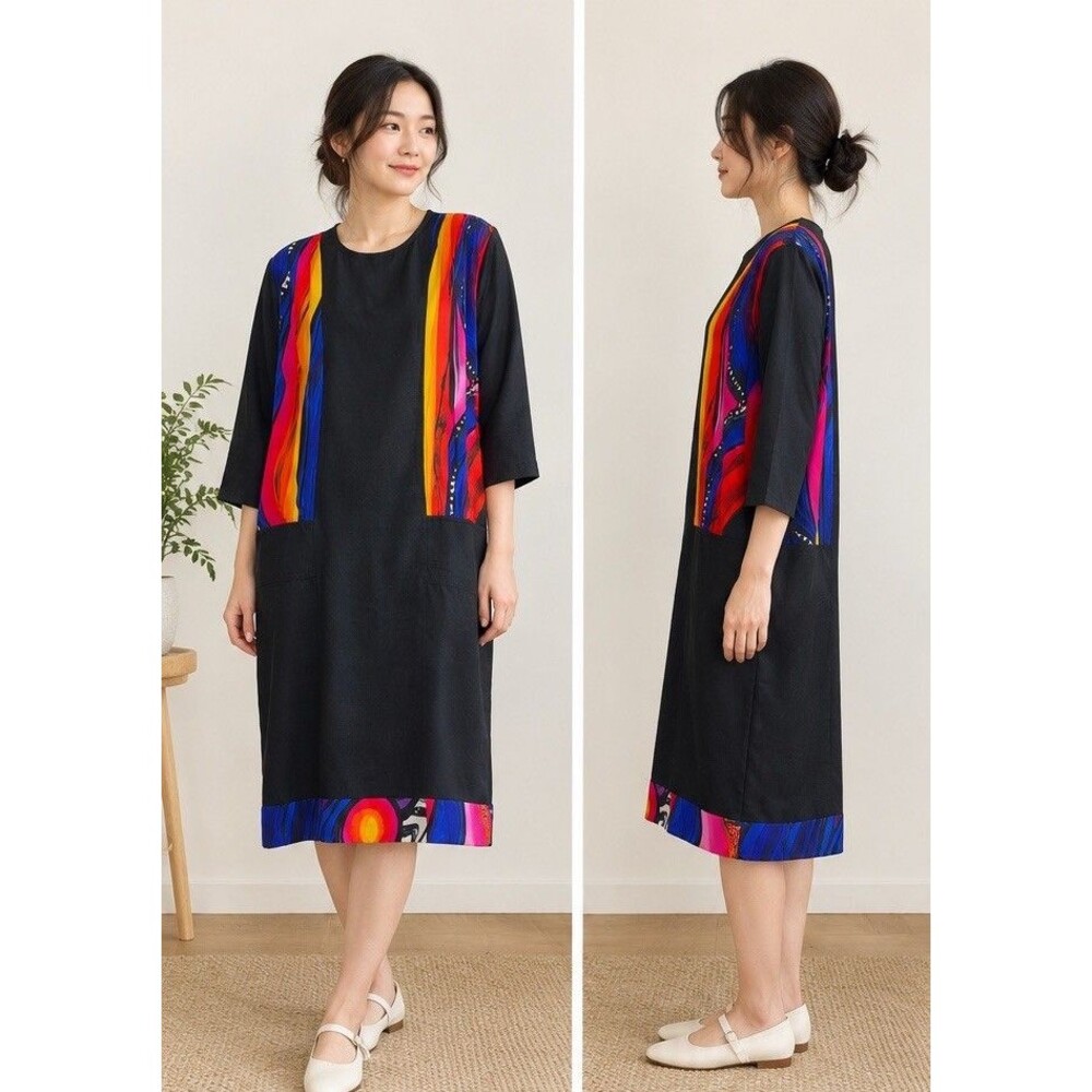 Vintage 80s Hand-Painted 100% Silk Yolanda Lorente Colorful Geometric Dress S